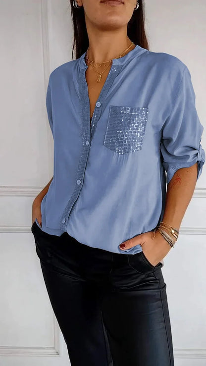 Polyester V-neck Sequin Mid-sleeve Casual Top - Hot Sale 50% Off