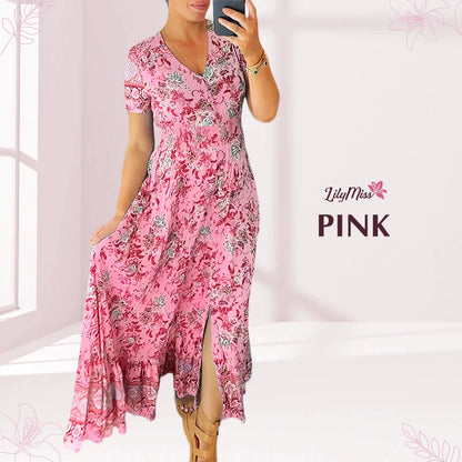 LilyMiss - Floral casual print V-neck shirred waist long dress - Hot Sale 50% Off