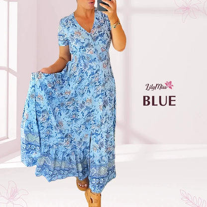 LilyMiss - Floral casual print V-neck shirred waist long dress - Hot Sale 50% Off