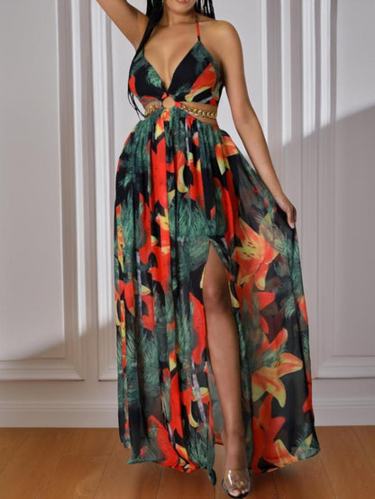 Women's Floral Print Chain Decor Split Thigh Dress - Hot sale 50%