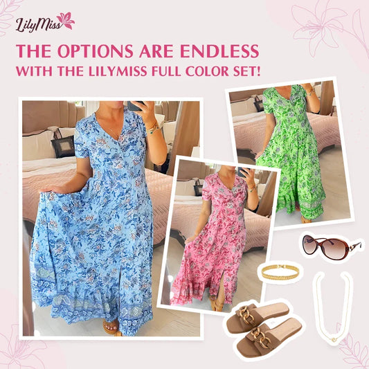 LilyMiss - Floral casual print V-neck shirred waist long dress - Hot Sale 50% Off