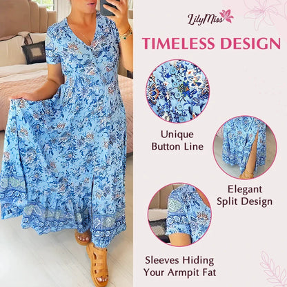 LilyMiss - Floral casual print V-neck shirred waist long dress - Hot Sale 50% Off