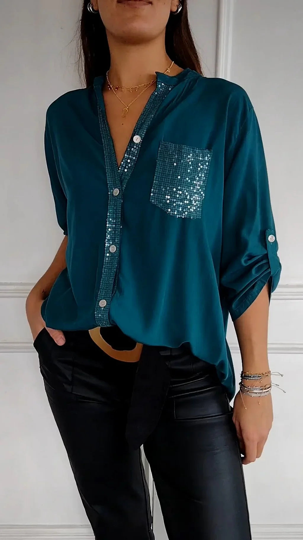 Polyester V-neck Sequin Mid-sleeve Casual Top - Hot Sale 50% Off