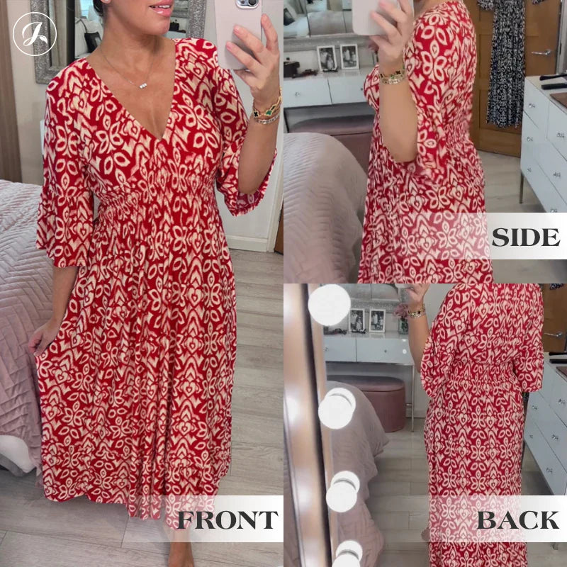 Janisie - Bohemian casual print V-neck shirred waist long dress - Hot Sale 50% Off