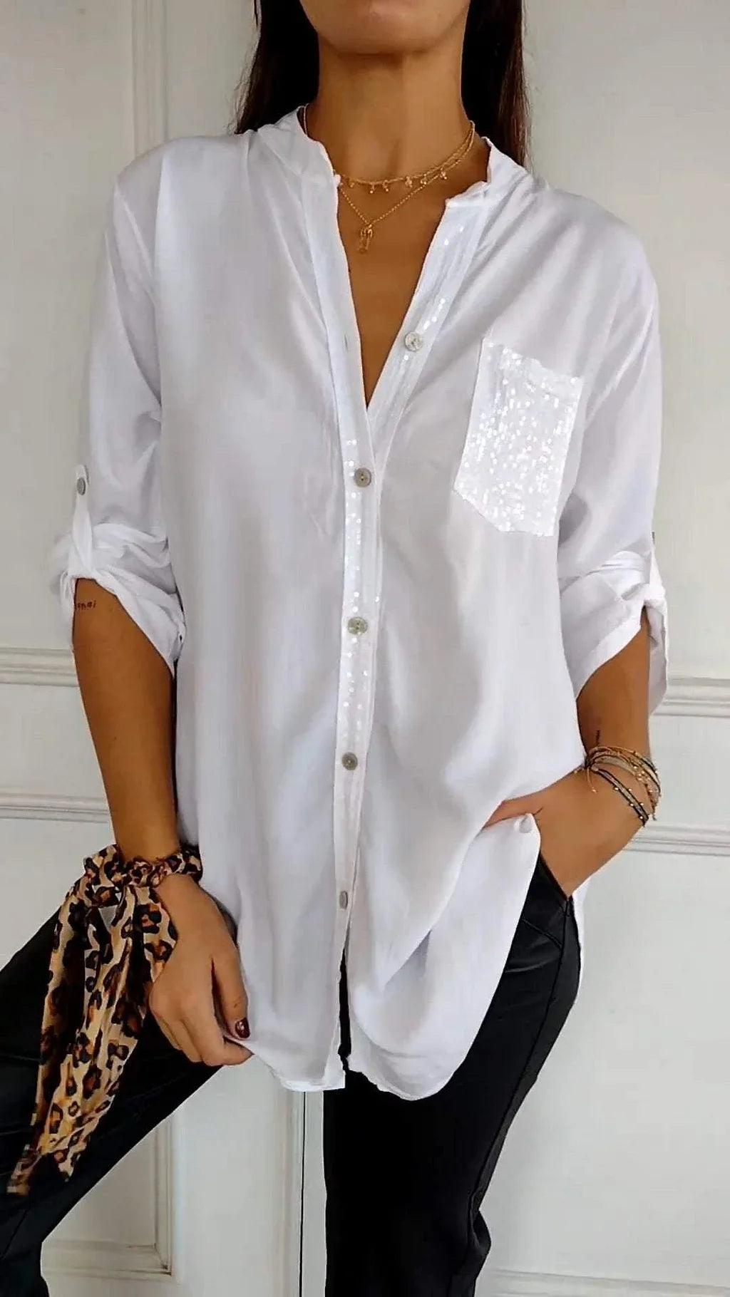 Polyester V-neck Sequin Mid-sleeve Casual Top - Hot Sale 50% Off